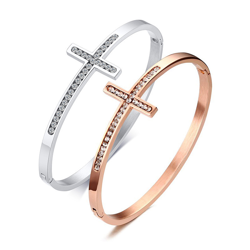 Wholesale Stainless Steel Sideways Cross Bracelet with CZ Stone