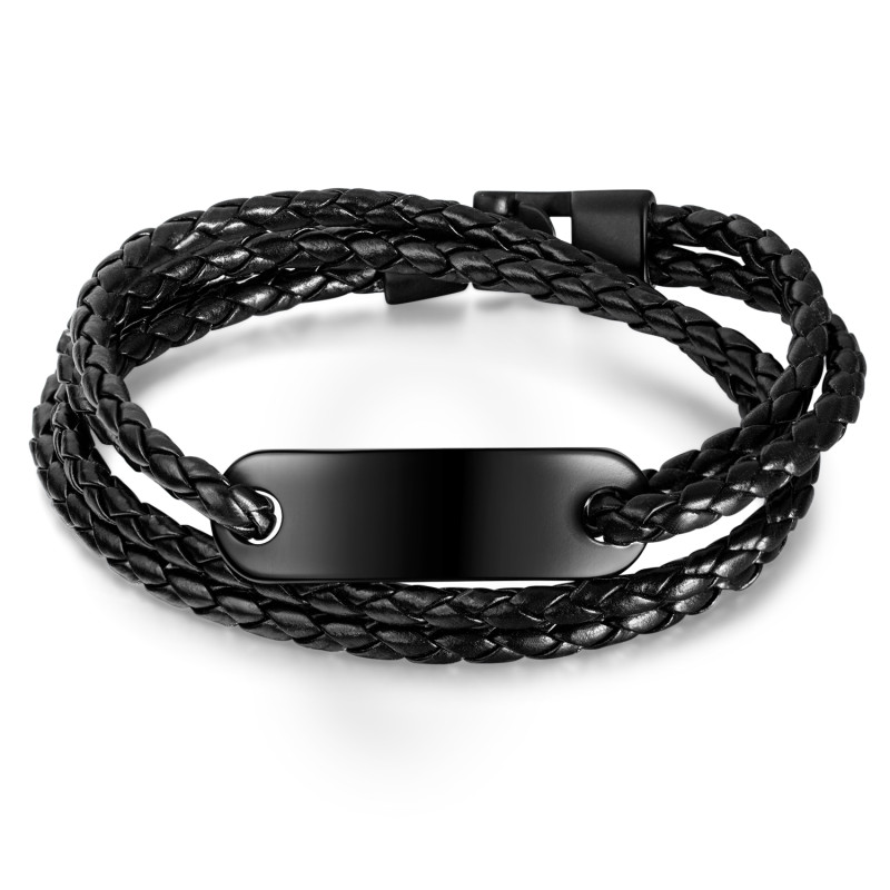 Wholesale Double-Deck Leather Bracelet with Black Steel ID