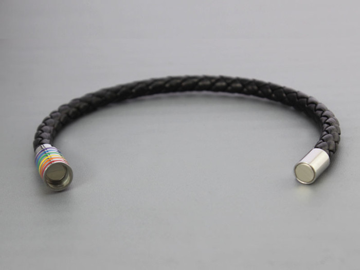 Black Braided Leather Bracelet with Magnetic Rainbow Striped Closure