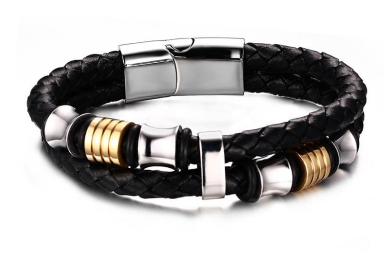 Mens IP Gold Beads Black Braid Leather Bracelet