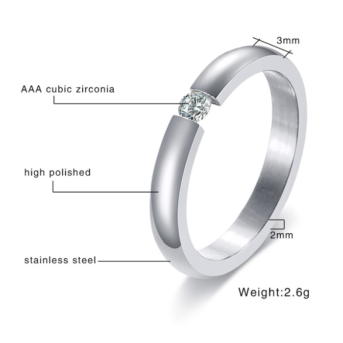 Wholesale CZ 3mm Stainless Steel Rings