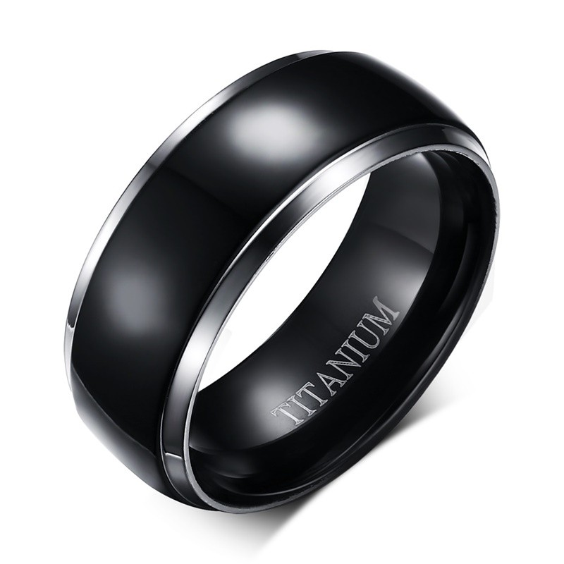 Two Tone Solid Titanium Dome Black IP Center Band Ring for men