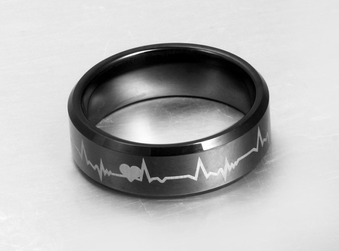 8mm Black Mens electrocardiogram Tungsten Ring