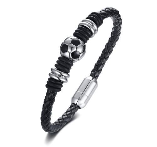 Wholesale Stainless Steel Football Bead Leather Bracelet