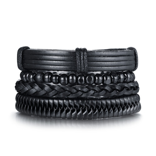 Wholesale Mens Beads Bracelet and Leather Bracelet Set