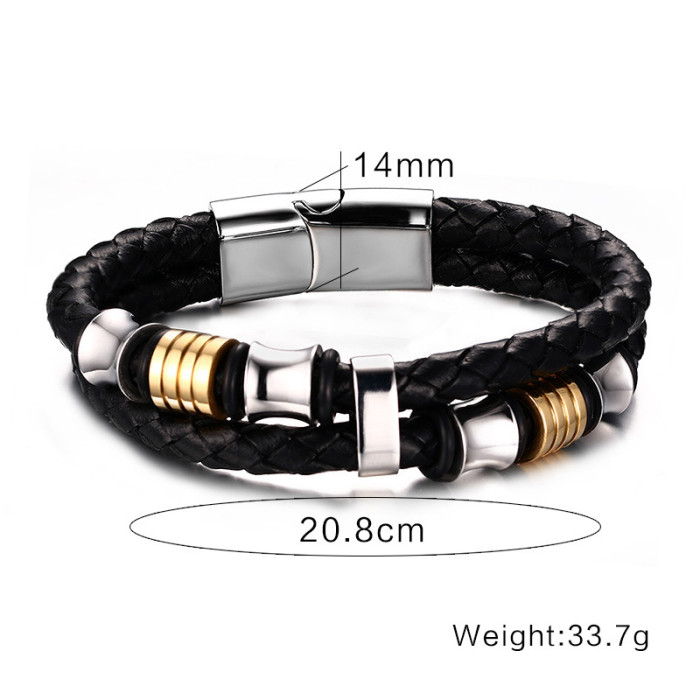 Mens IP Gold Beads Black Braid Leather Bracelet