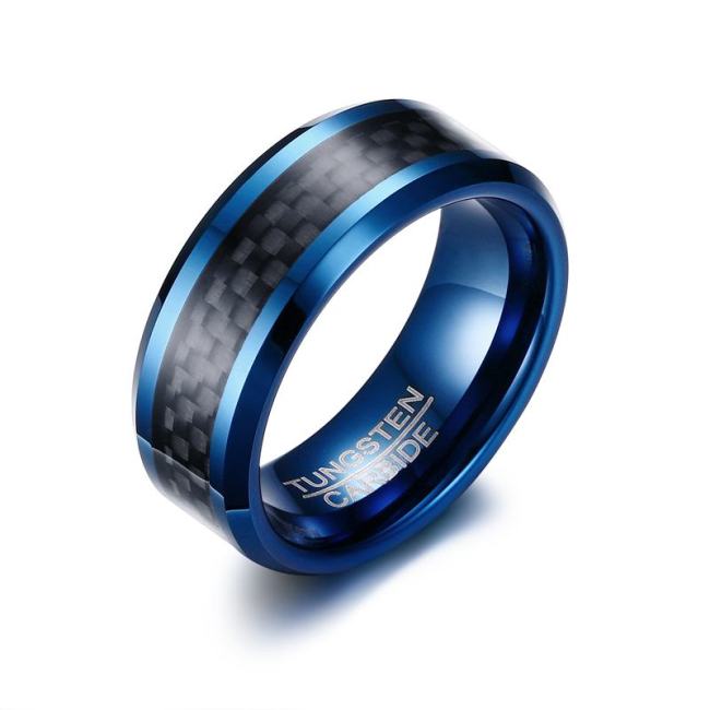 Wholesale Blue Tungsten Carbide Rings with Carbon Fiber Inlay