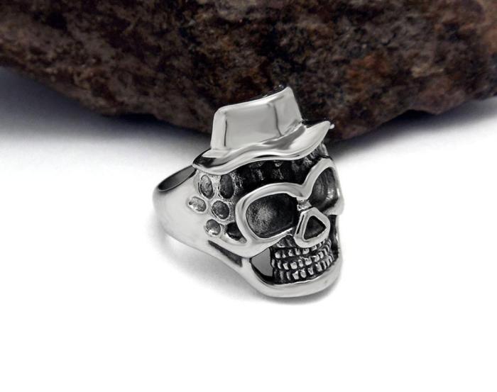 Stainless Steel Skull with Hat Biker Rings