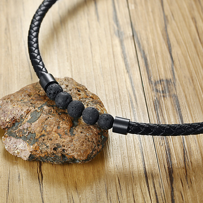Wholesale Mens Black Leather Necklace with Lava