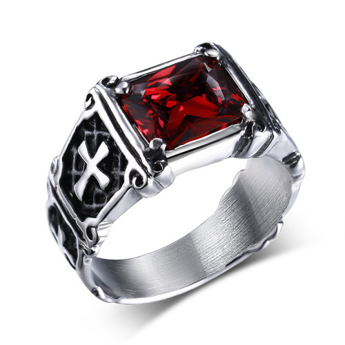 Stainless Steel Prong Setting Big Red Stone Cross Biker Ring