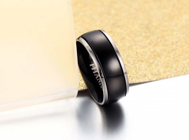 Two Tone Solid Titanium Dome Black IP Center Band Ring for men