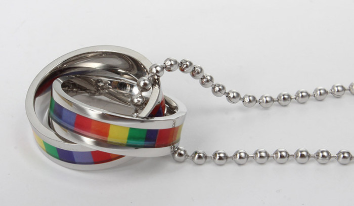 Two Permanently Intertwined Stainless Steel Rings with Rainbow Stripes Necklace