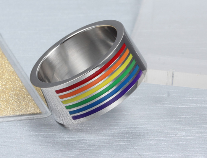 Stainless Steel Gay Lesbian Rainbow Line Ring Band
