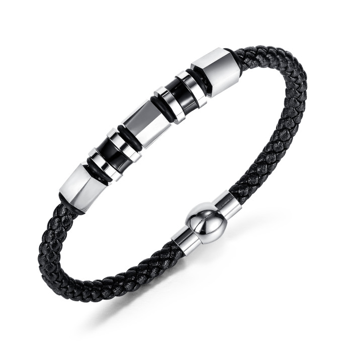 Wholesale Men's Stainless Steel and Leather Bead Bracelet
