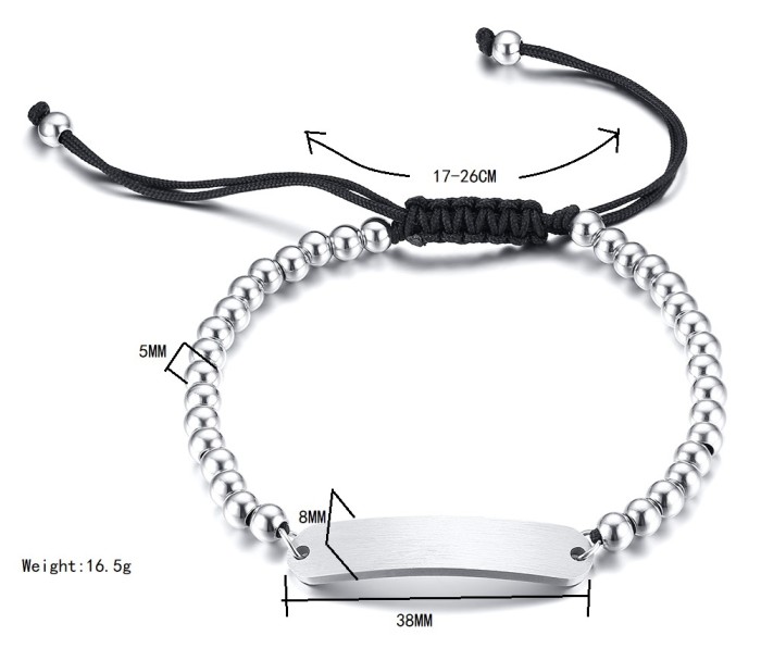 Wholesale 5MM Stainless Steel Beads ID Tag Adjustable Bracelets
