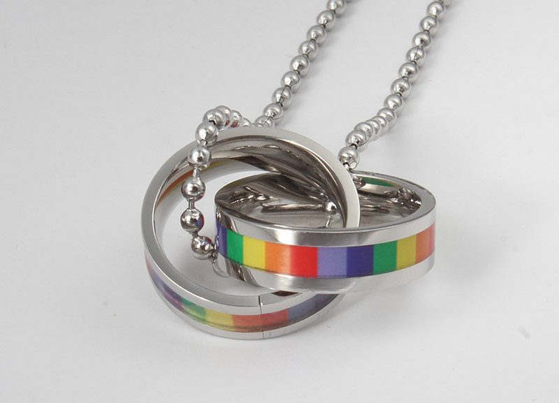 Two Permanently Intertwined Stainless Steel Rings with Rainbow Stripes Necklace