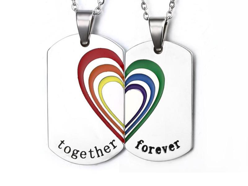 Stainless Steel Rainbow Gay &Lesbain Couple Dog Tag Pendant