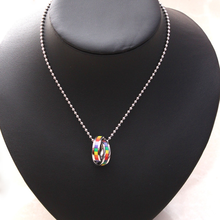 Two Permanently Intertwined Stainless Steel Rings with Rainbow Stripes Necklace