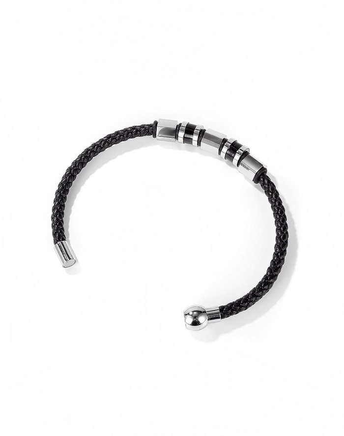 Wholesale Men's Stainless Steel and Leather Bead Bracelet