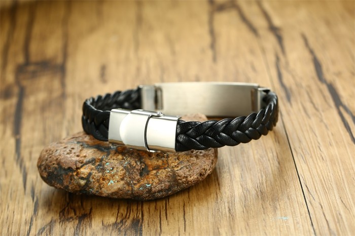 Wholesale Stainles Steel Leather ID Name Plate Braided Bracelet