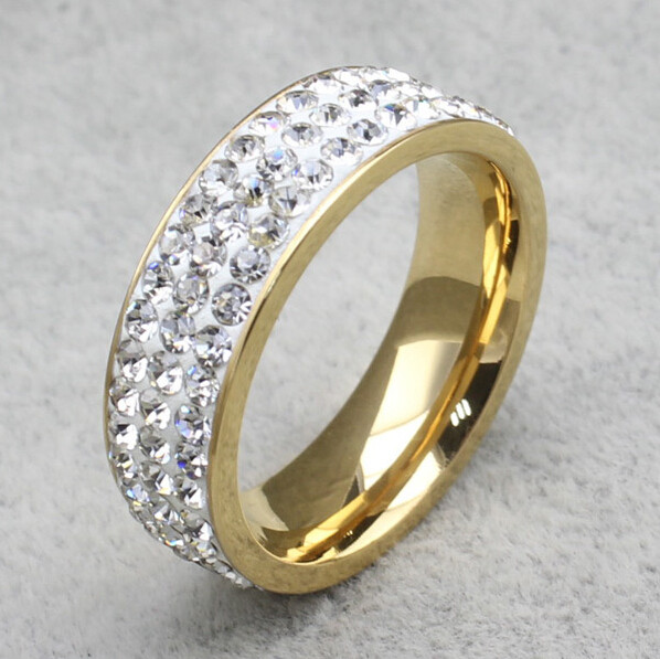Stainless Steel Gold Ring with 3 Lines Cubic Zirconia