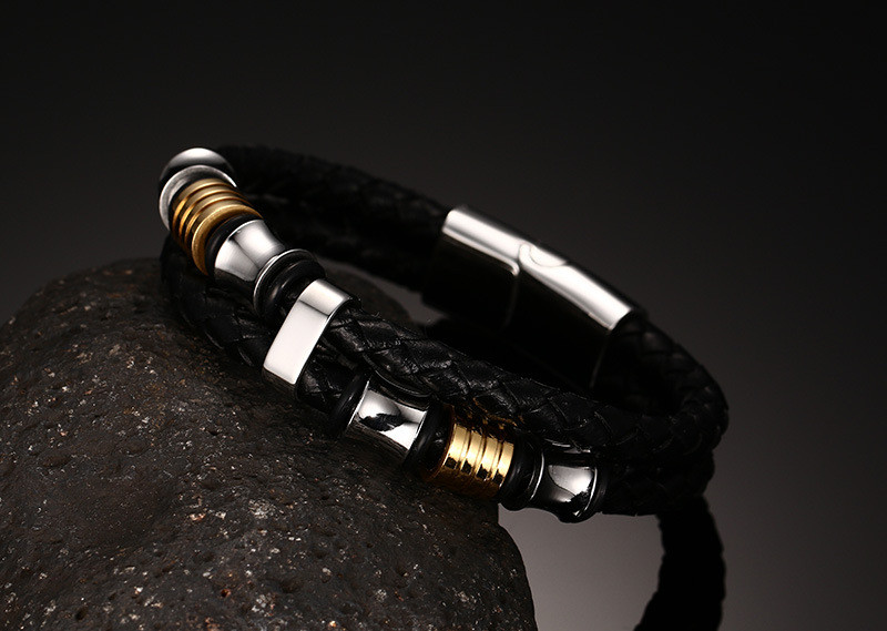 Mens IP Gold Beads Black Braid Leather Bracelet