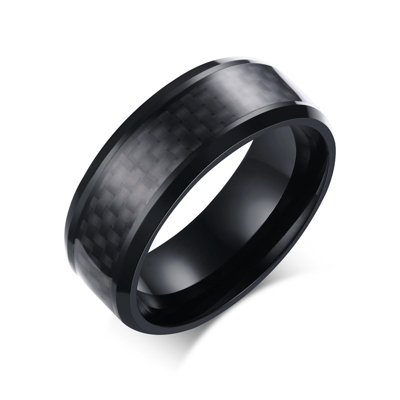 8mm Men's Stainless Steel Black IP in Black Carbon Fiber Ring