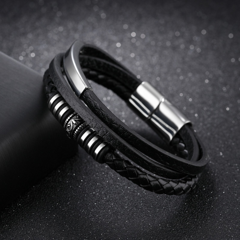 Stainless Steel Black Leather Bracelet