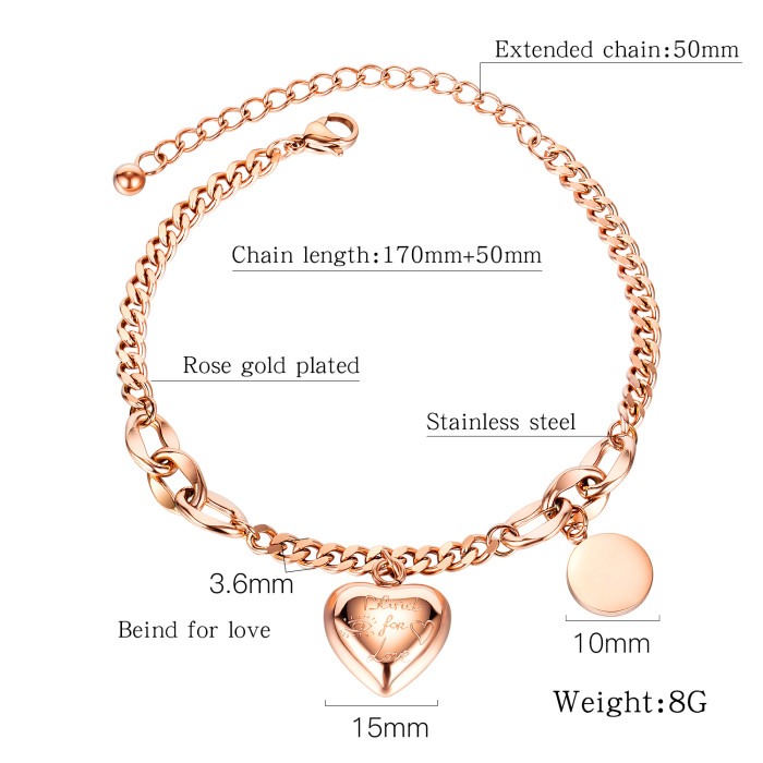 Wholesale Stainless Steel Classic Cable Adjustable Bracelet With Heart
