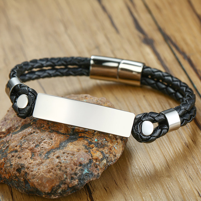 Wholesale Engraved Stainless Steel Men's Leather ID Bracelet