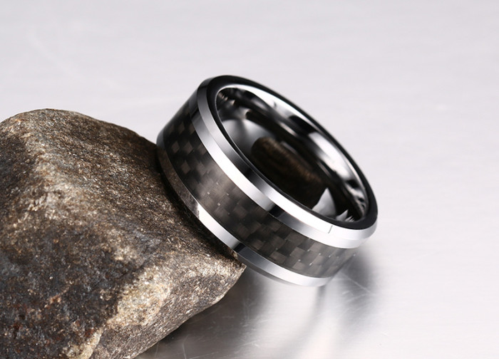 Mens Tungsten Black Carbon Fiber Inlay Wedding Ring