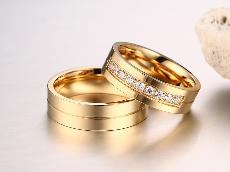 Stainless Steel IP Gold Engagement band Ring with 9 CZs
