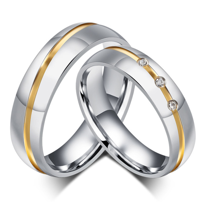 Stainless Steel Center IP Gold Line 3 CZ Engagement Ring