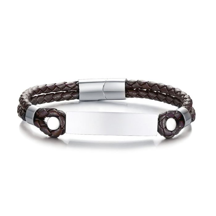 Wholesale Engraved Stainless Steel Men's Leather ID Bracelet