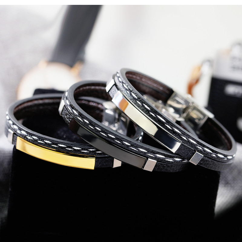 Wholesale Stainless Steel Mens Engraving ID Bracelet Braided Leather Bracelet
