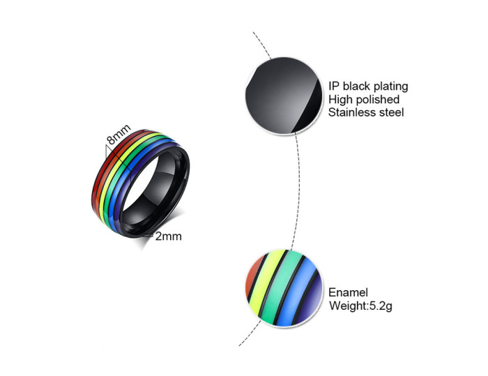 Wholesale Stainless Steel 8mm Rainbow LGBT Pride Ring