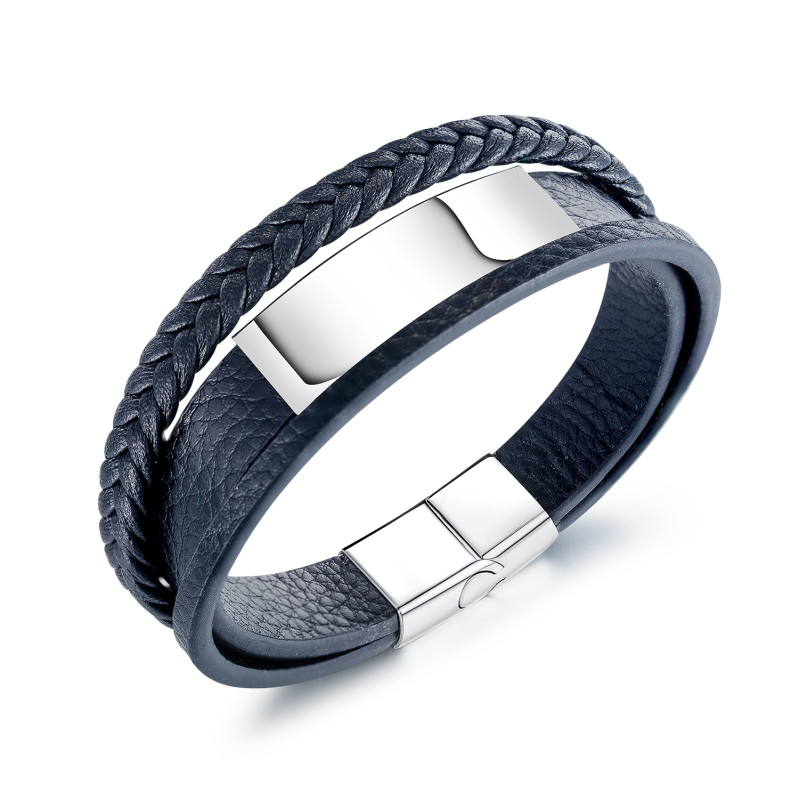 Wholesale Stainless Steel Men's Multi-Layer Retro Leather ID Bracelet