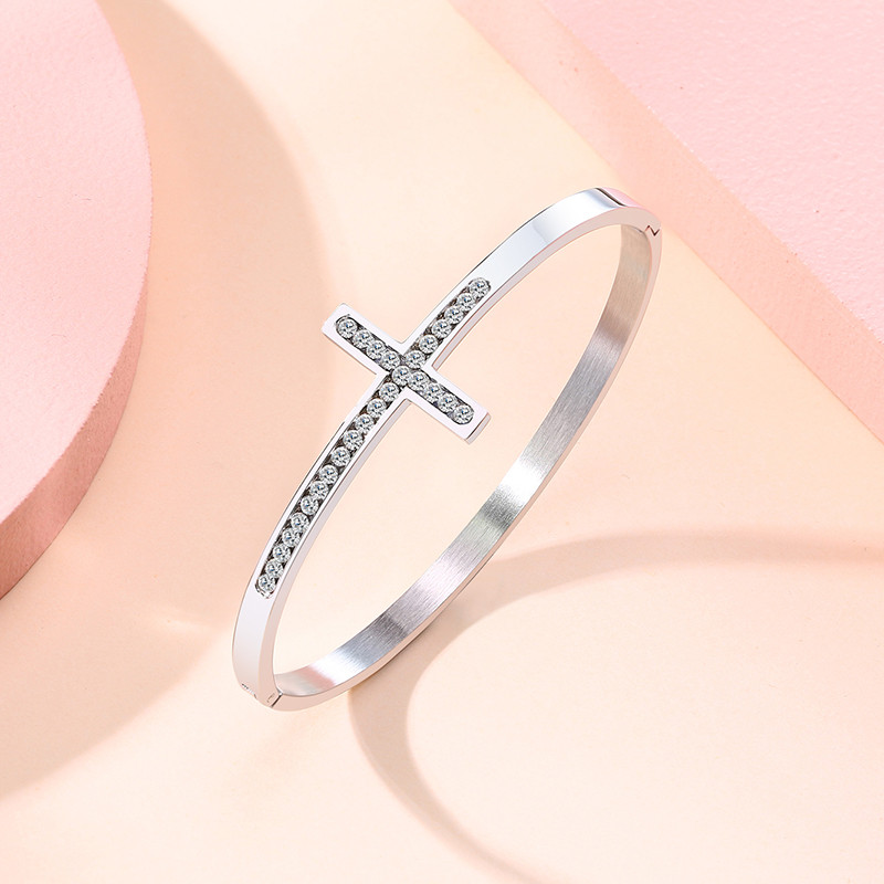 Wholesale Stainless Steel Sideways Cross Bracelet with CZ Stone