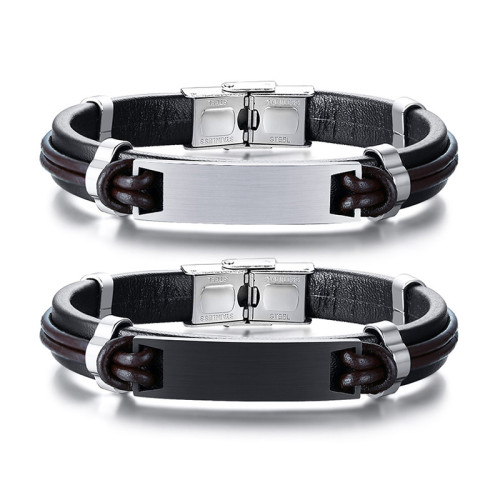 Wholesale Stainless Steel Mens Leather ID Bracelets Engraved