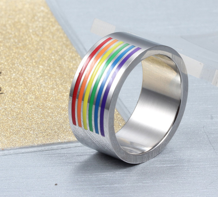 Stainless Steel Gay Lesbian Rainbow Line Ring Band