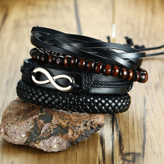 Wholesale Mens Wood Beads Leather Bracelet Set