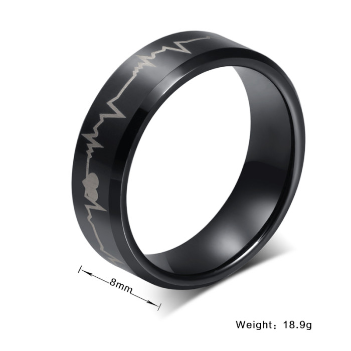 8mm Black Mens electrocardiogram Tungsten Ring