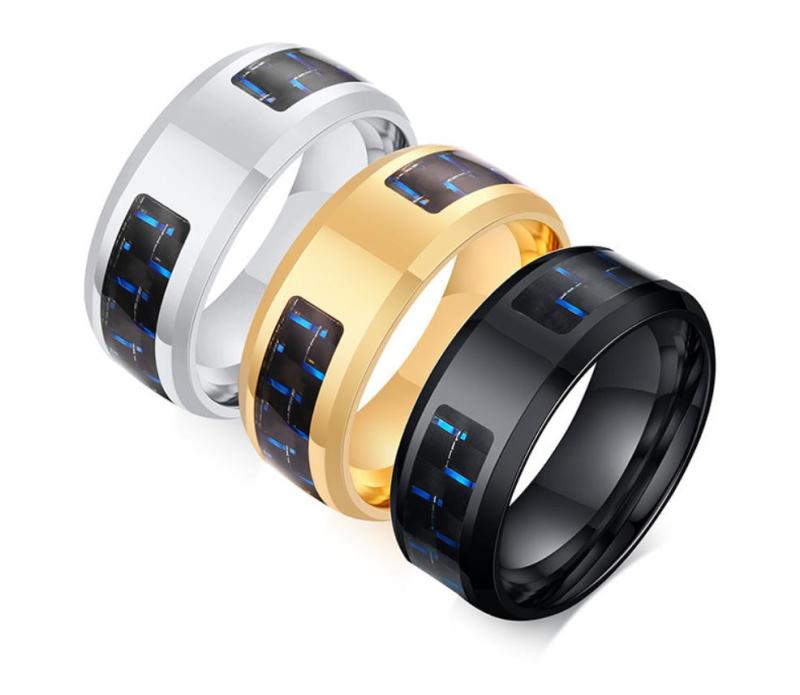 Wholesale Stainless Steel Personality Men's Blue & Black Carbon Fiber Ring