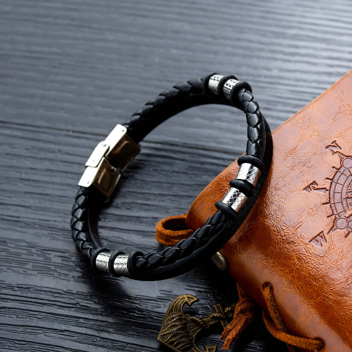Wholesale Black Braided Double-leather Charm Bracelet