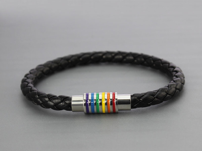 Black Braided Leather Bracelet with Magnetic Rainbow Striped Closure