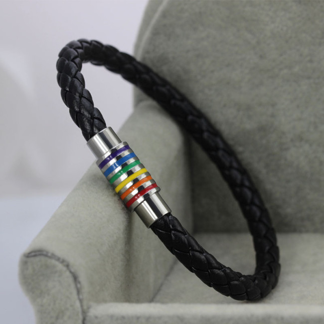 Black Braided Leather Bracelet with Magnetic Rainbow Striped Closure