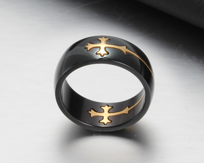 Cross Center Gold and Black 2-Tone Purzle Ring 316L Stainless Steel