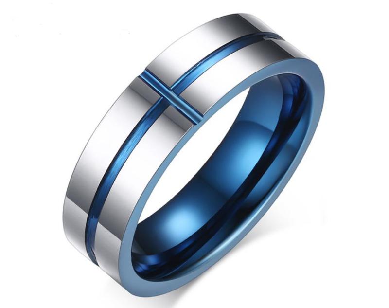 Wholesale Blue Cross High Polished Tungsten Rings