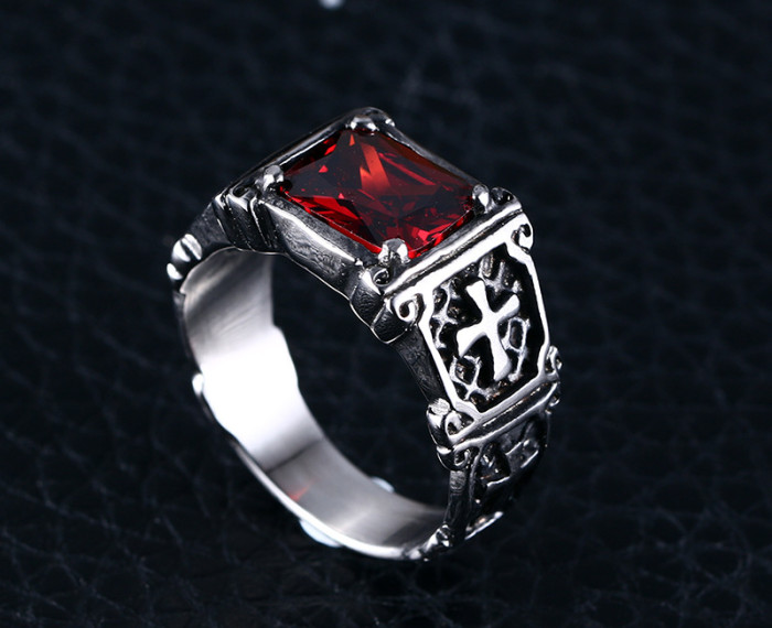 Stainless Steel Prong Setting Big Red Stone Cross Biker Ring