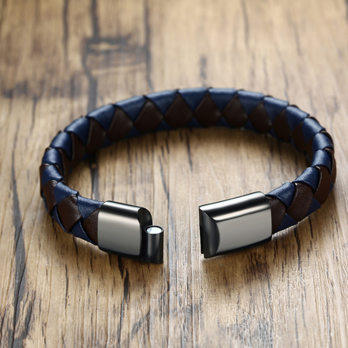 Wholesale Mens Black and Blue Leather Bracelet
